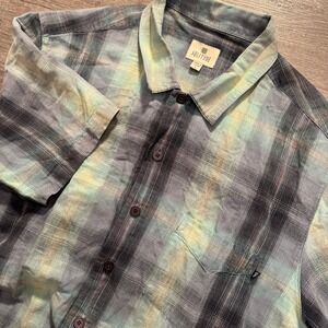 Solitude Shirt Mens L Blue Plaid Linen Short Sleeve Button Up Costal Vacation